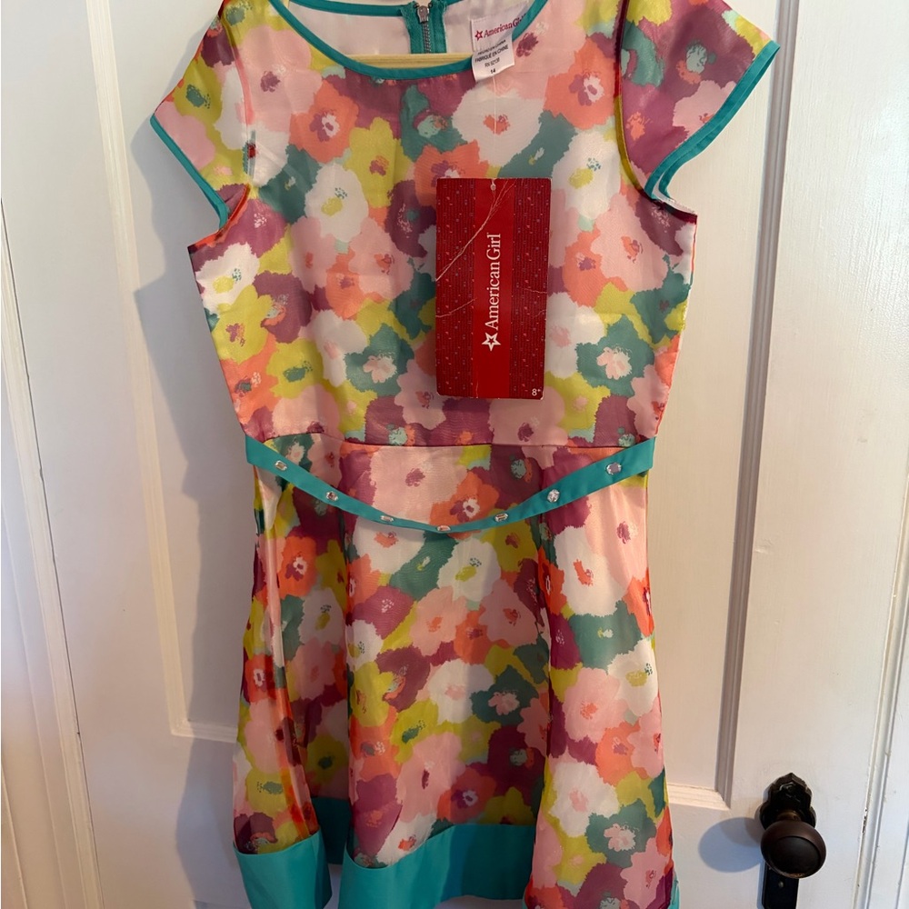 American Girl Multicolor Floral Dress with Teal Trim
